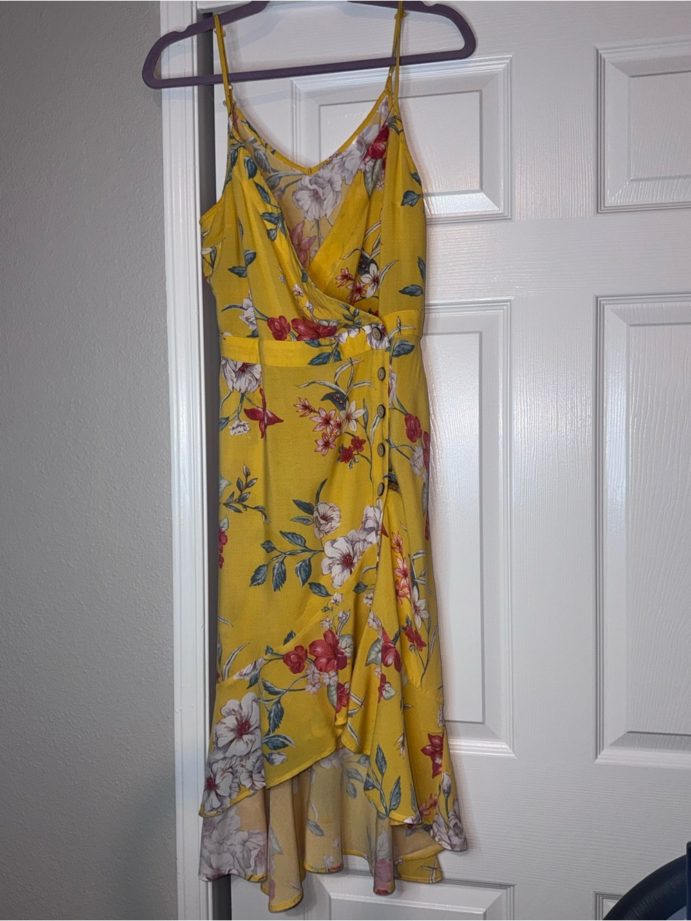 Xhilaration Yellow Floral High-Low Wrap Dress with Red & White Blooms